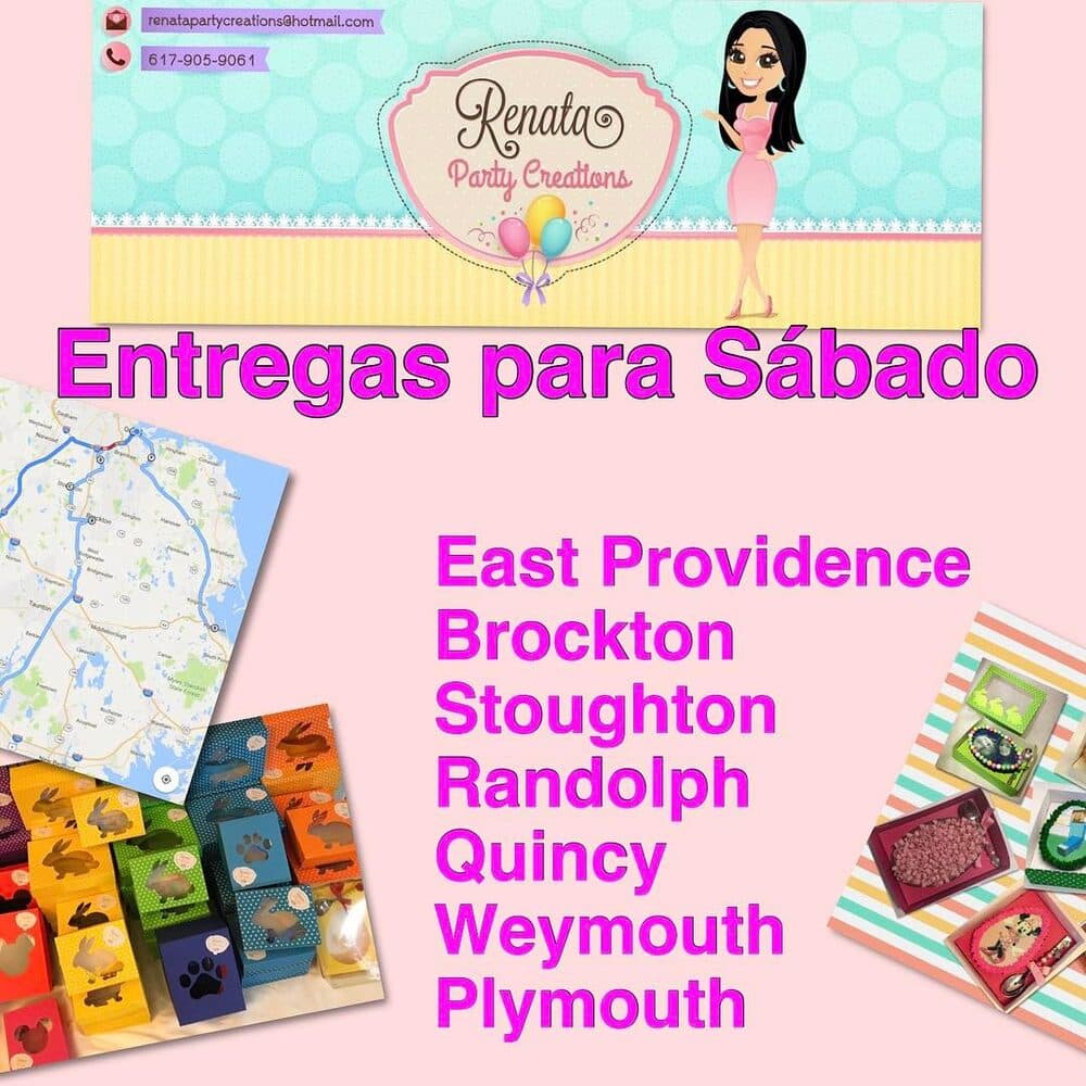 Renata Party Creations flyer listing Saturday delivery towns: East Providence, Brockton, Stoughton, Randolph, Quincy, Weymouth, Plymouth
