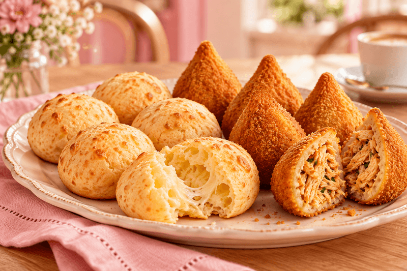 Tray of golden pão de queijo and chicken coxinhas